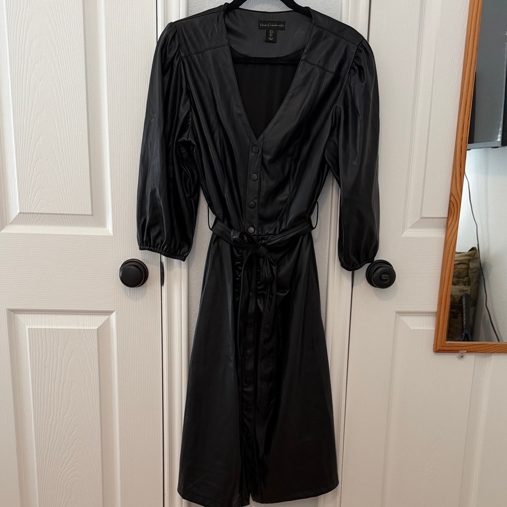 Black Faux Leather Button-Down Dress